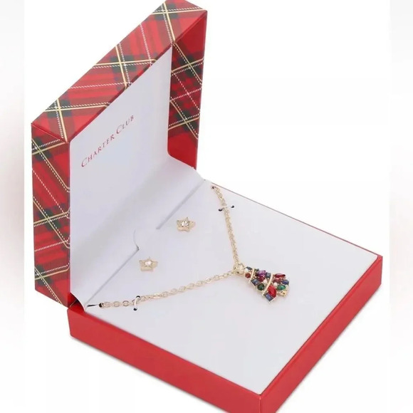 Christmas Tree Multicolor Crystal Tree Necklace & Star Stud Earrings Set NWT - Picture 2 of 5